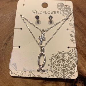 Wildflower fish and cross necklace with this rhinestone earrings.